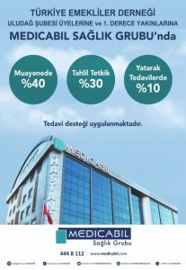 Türkiye Emekliler Derneği Uludağ Şube Başkanı Kenan Pars, Medicabil  Sağlık Grubu  ile Anlaşma  Yapılmıştır. Uludağ Şubesi Üyelerine ve 1. Derece Yakınlarına Muayenede %40-Tahlil ve Tetkiklerde %30-Yatarak Tedavilerde ise %10 İndirim Sağlanmıştır. Üyelerimize Hayırlı Olsun..